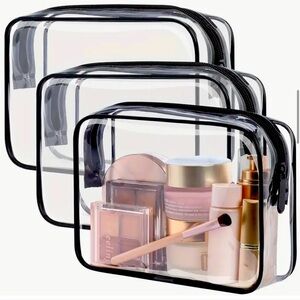 New - 3pcs Waterproof Transparent Toiletry Bag - Clear /Black Trim